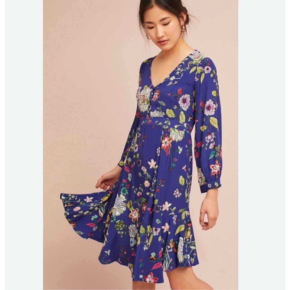 Maeve Anthropologie Maplewood Blue Floral Long Sleeve Button Dress Women’s Small